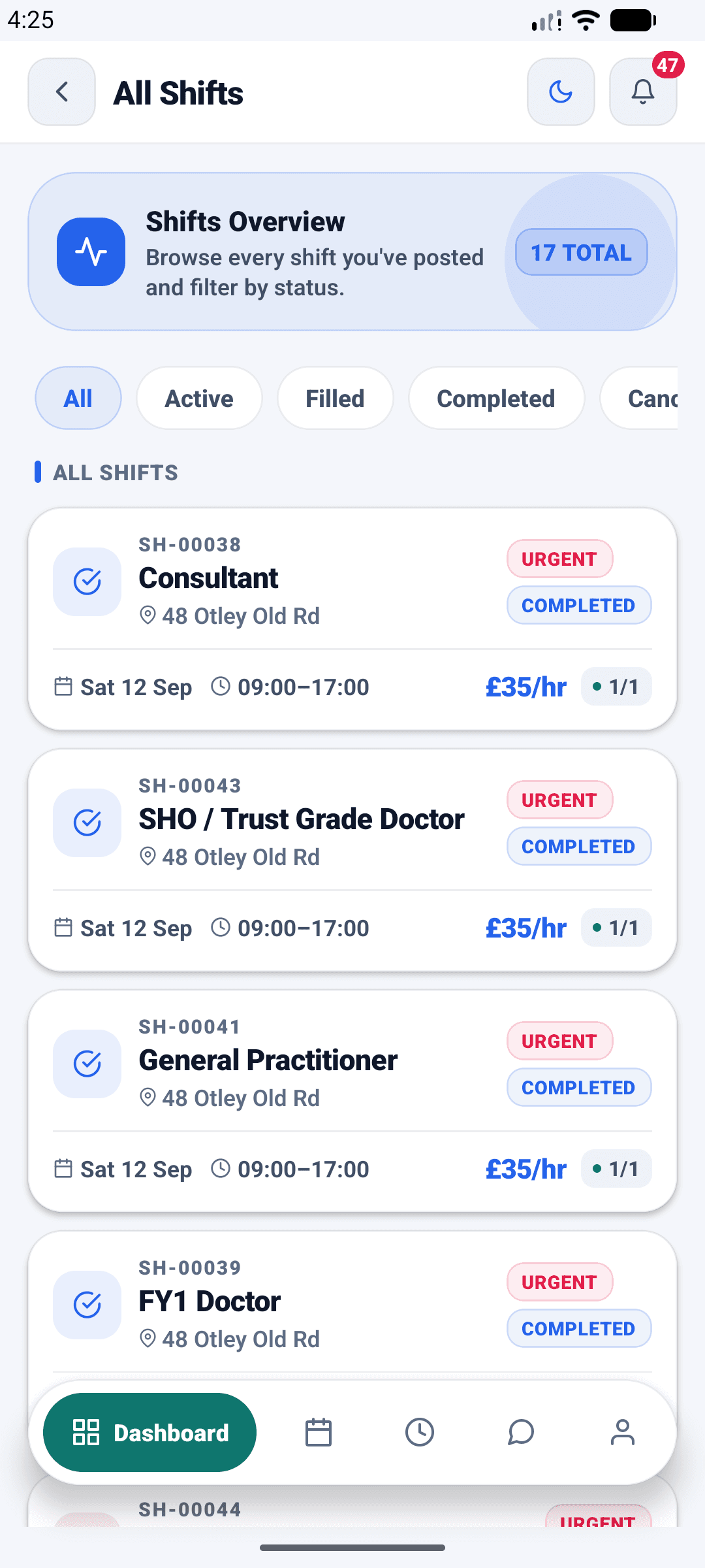 All shifts screen listing shifts with urgent flags, rates and fill counts