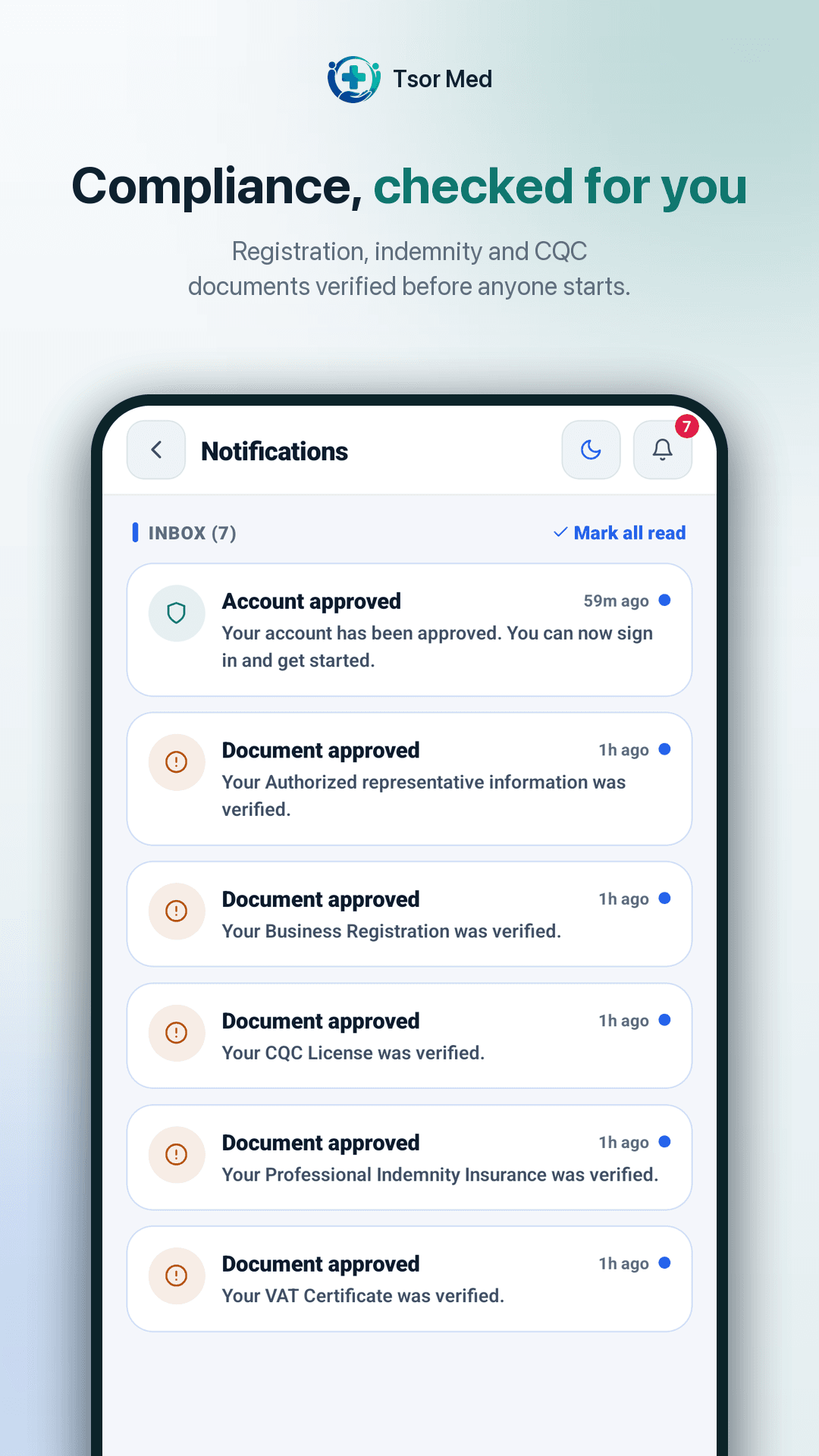 Notifications screen listing approved compliance documents