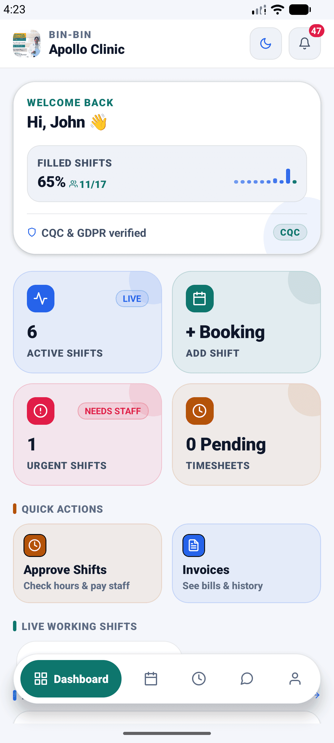 TSOR Med Organisation dashboard showing filled shifts, active shifts and pending timesheets