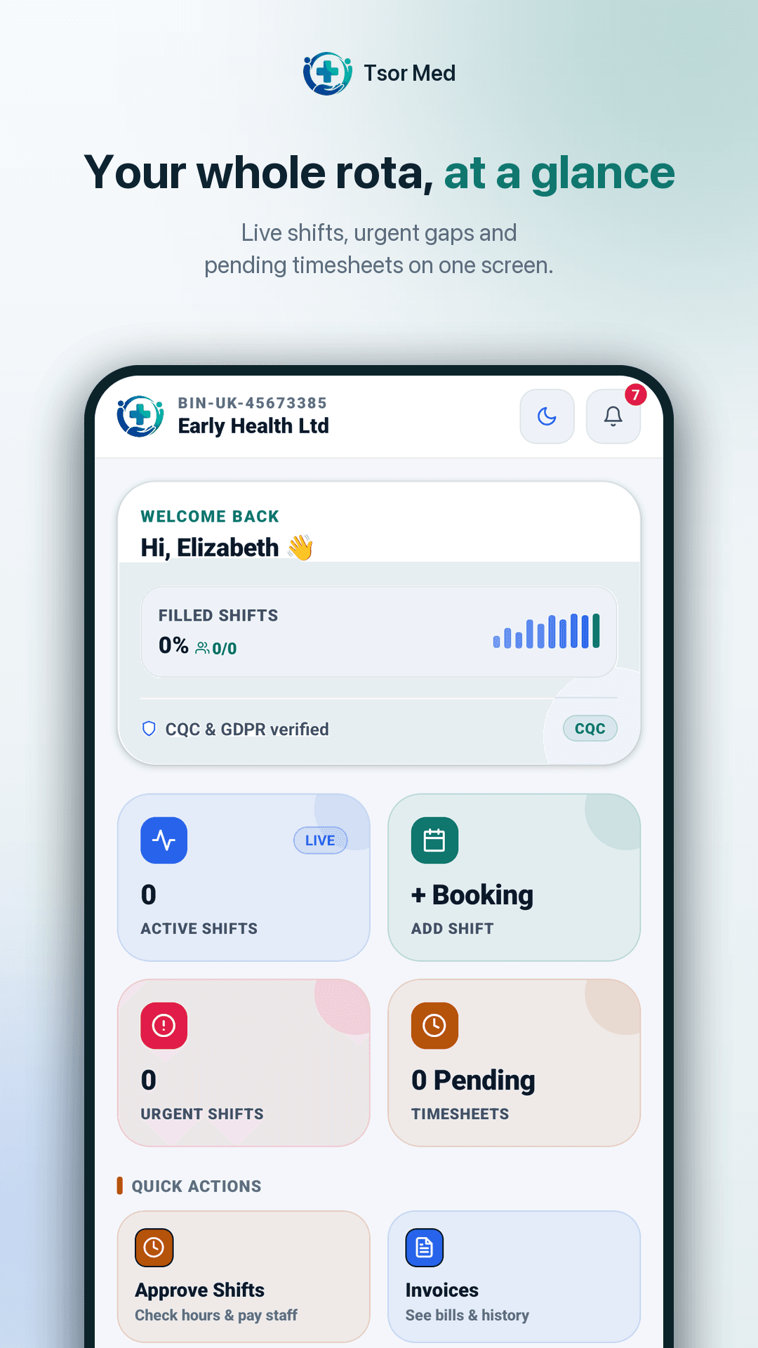 TSOR Med Organisation dashboard showing active shifts, urgent shifts and pending timesheets