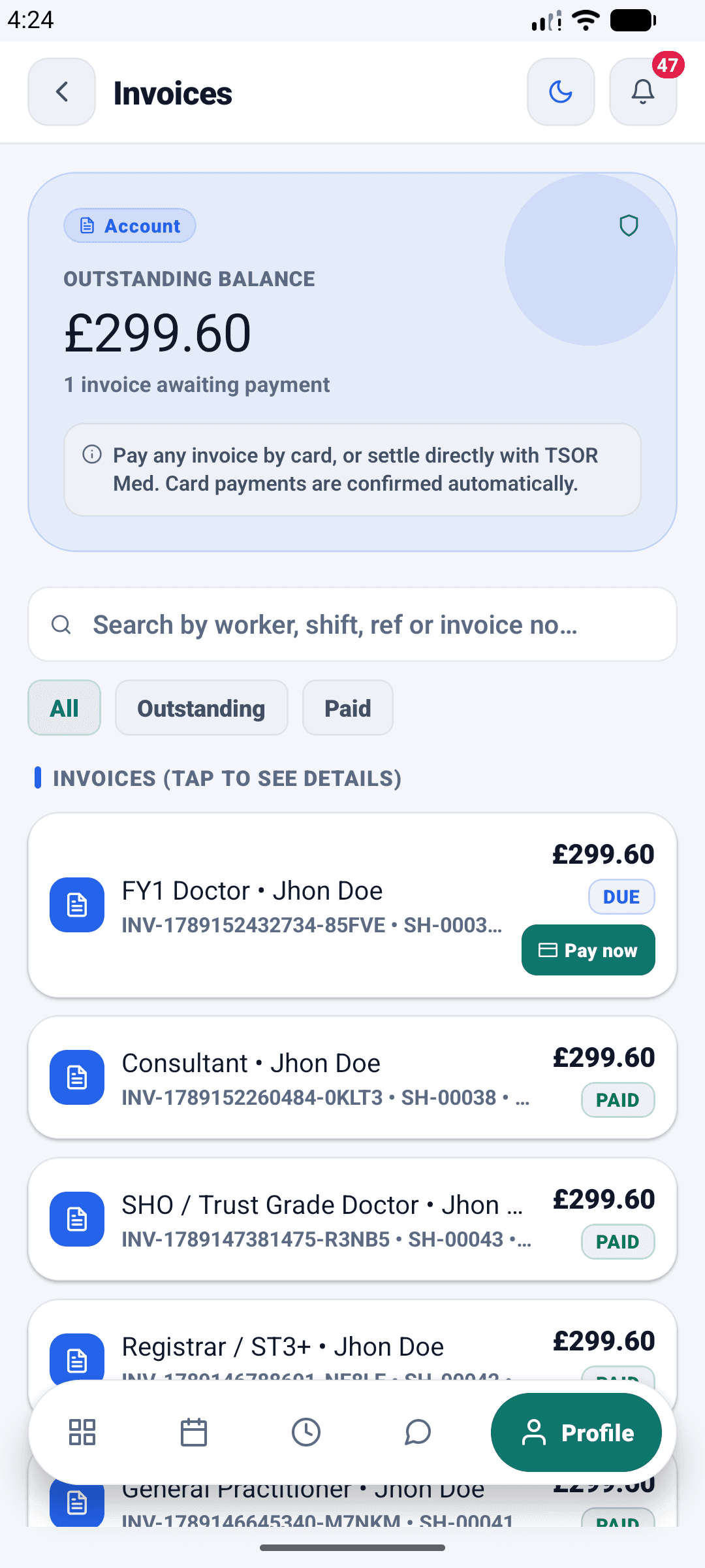 Invoices screen showing an outstanding balance and invoices with pay buttons