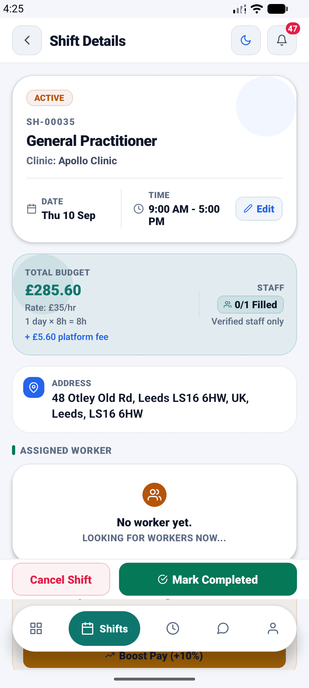 Shift details screen showing the total budget, hourly rate and platform fee