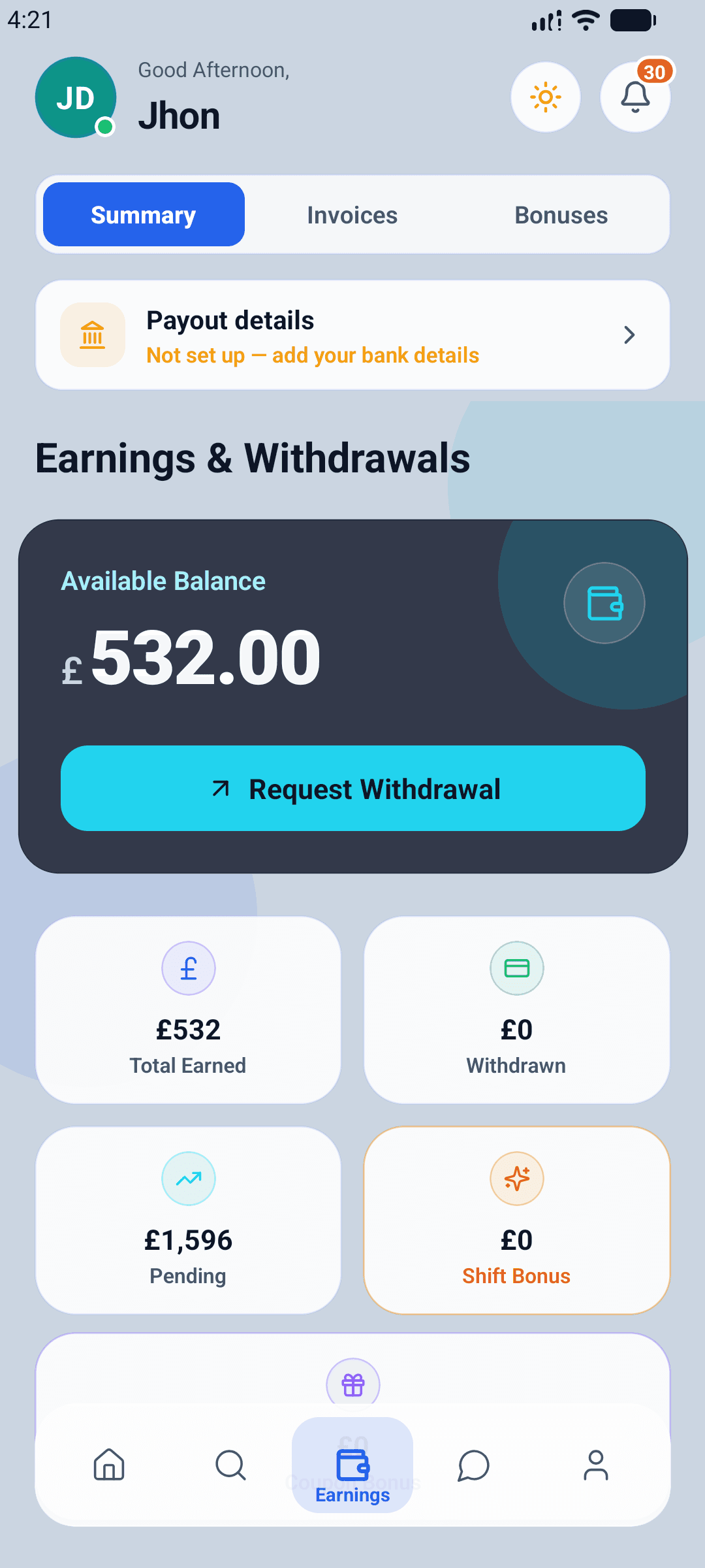 Earnings screen showing an available balance and a request withdrawal button