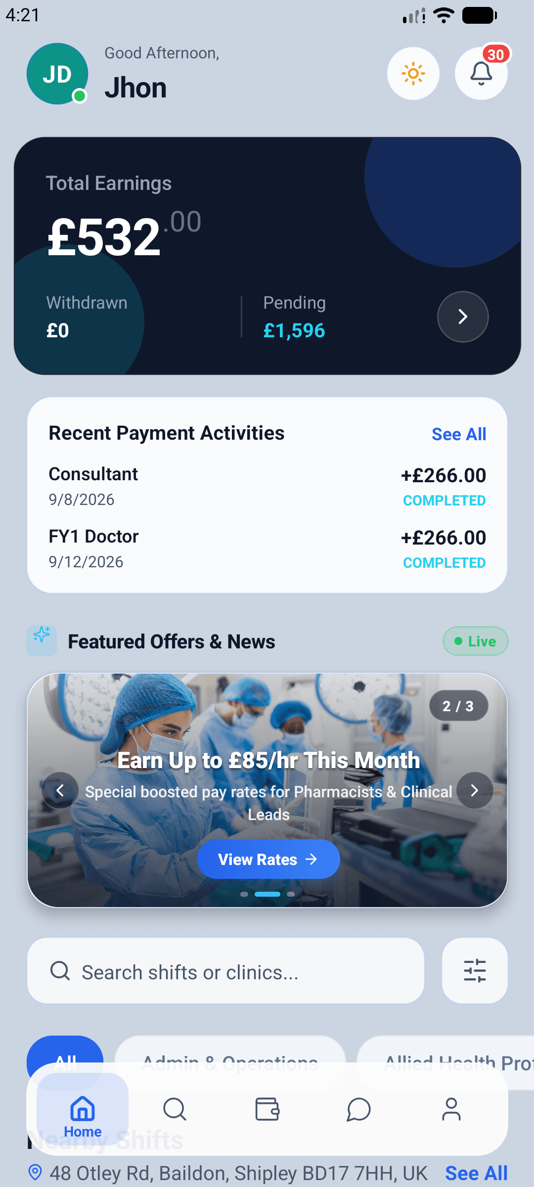 TSOR Med worker app home screen showing earnings and nearby shifts