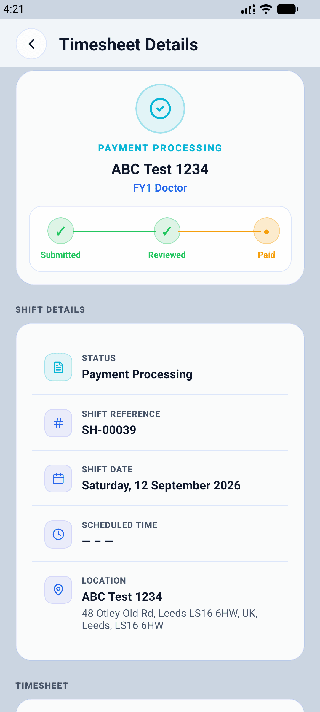 Timesheet details screen showing submitted, reviewed and paid status steps