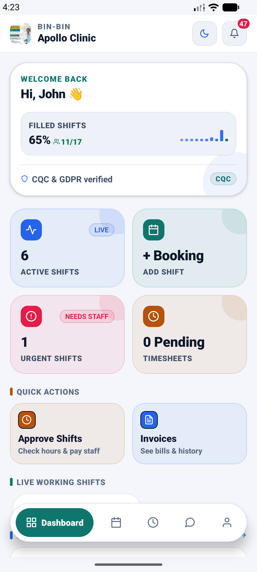 TSOR Med Organisation app dashboard